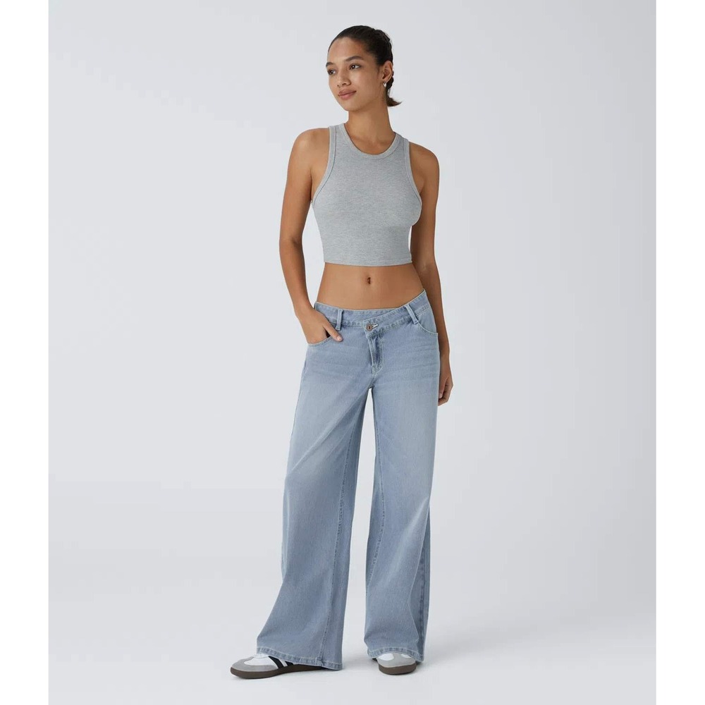 Halara Flex Asymmetric Low Rise Wide Leg Baggy Light Wash Jeans Blue Petite M